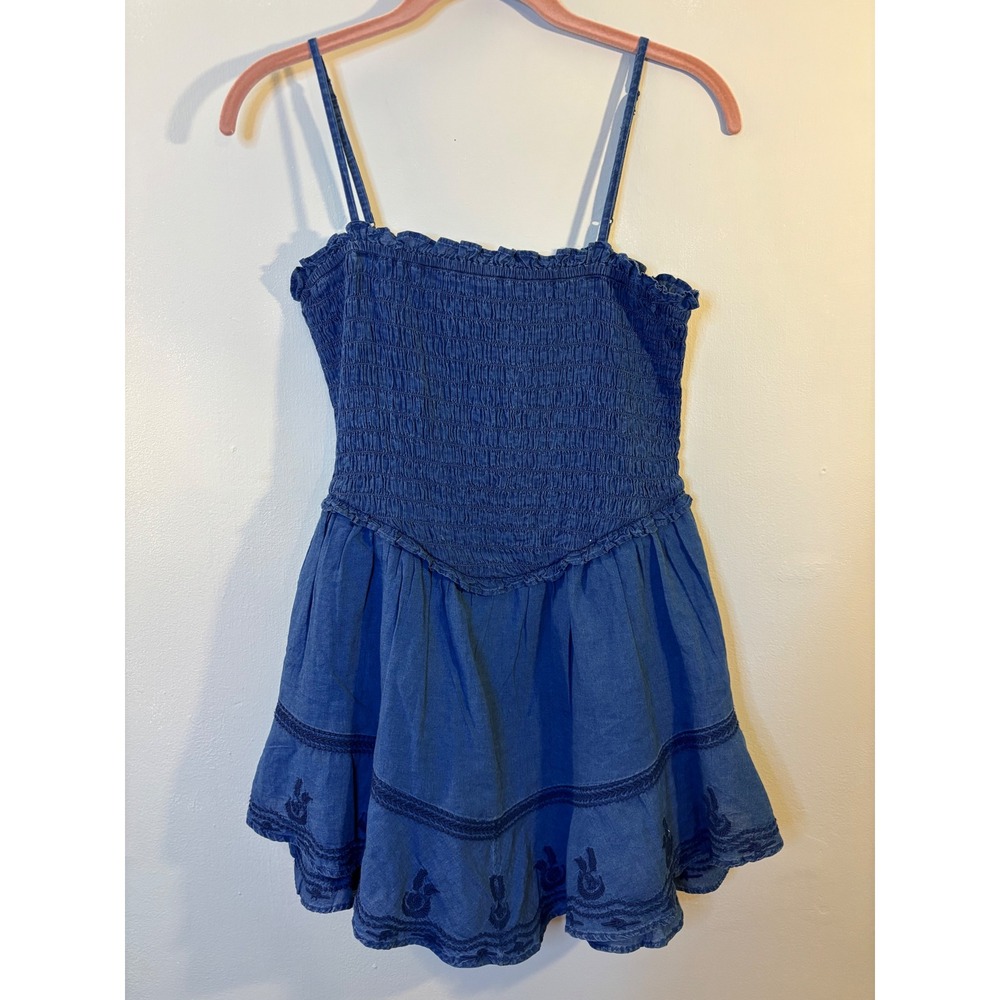 American Eagle Blue Cotton Smocked‎ Embroidered Romper M
